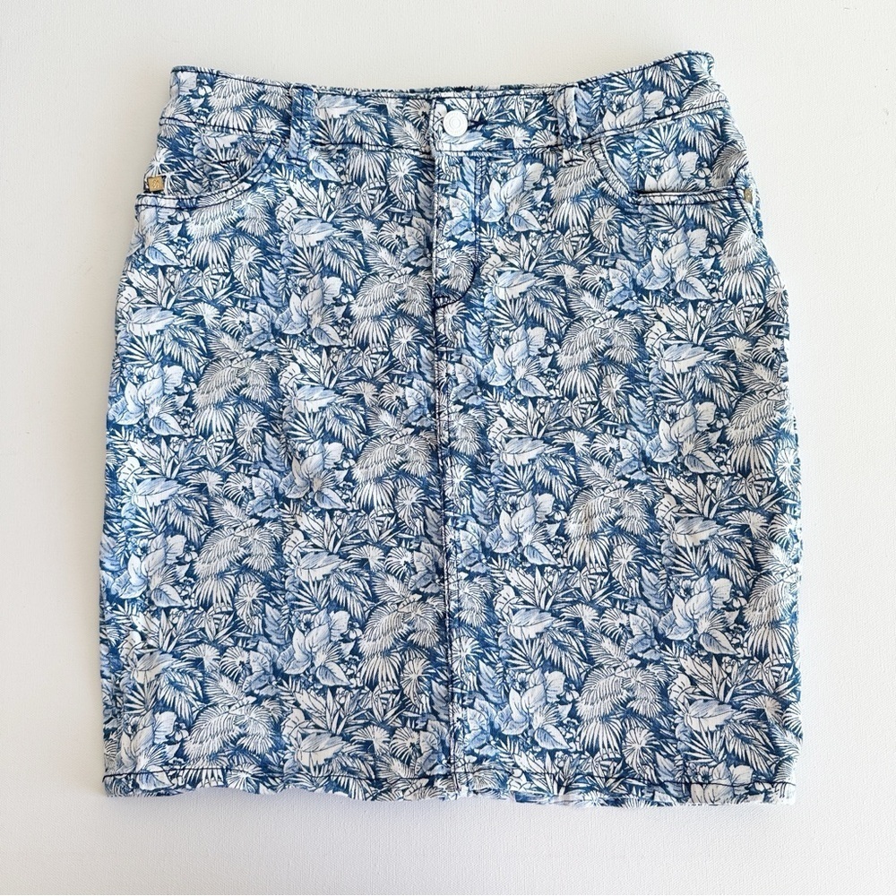 Tommy Bahama Denim Skirt Hawaiian Floral Print Blue Pockets Slit Women’s Size 4